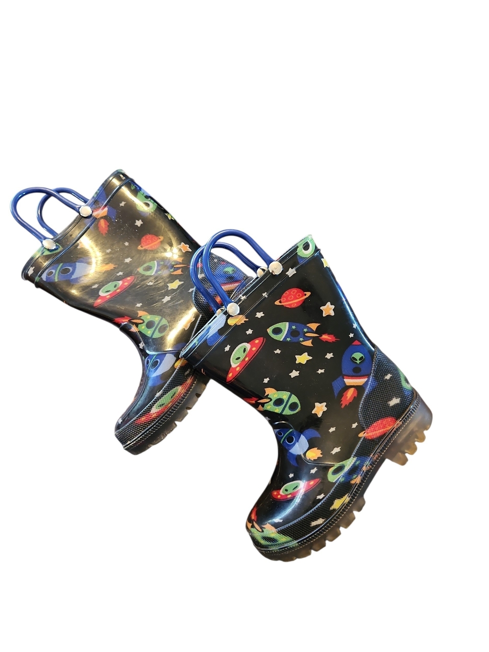 Kids' Space Rocket Rain Boots in Black with Colorful Rockets Size 8c Lights